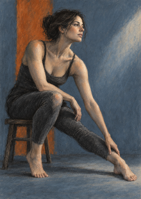 Adult woman in dark sleeveless clothing seated on a low stool and reaching toward her extended ankle against a slate-blue ground and burnt-orange panel.