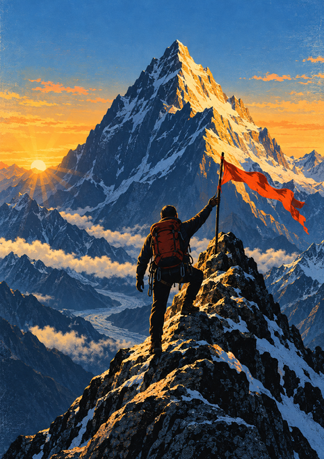 Back-facing mountaineer raises a red-orange flag on a rocky ridge before a snow-covered peak at sunrise.