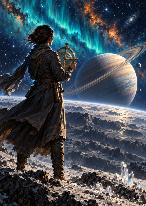 Dark-clad astronomer on a rocky lunar ridge raising a brass instrument toward a ringed planet beneath turquoise aurora and orange clouds.