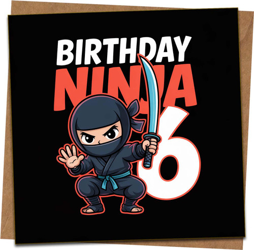 6th Birthday Card Ninja Theme for Boys Kids | 145mm x 145mm Square Greeting Card with Kraft Envelope | Cute Cartoon Ninja Black Design