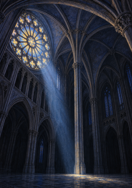 Imaginary Gothic stone nave with a glowing rose window in the upper left, vaulted ribs and a broad shaft of blue light reaching toward the floor.