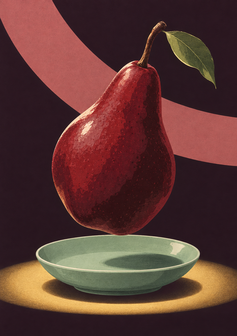 Burgundy pear with a green leaf floating above a pale celadon dish, with golden light and a dusty-rose curve on a dark background.