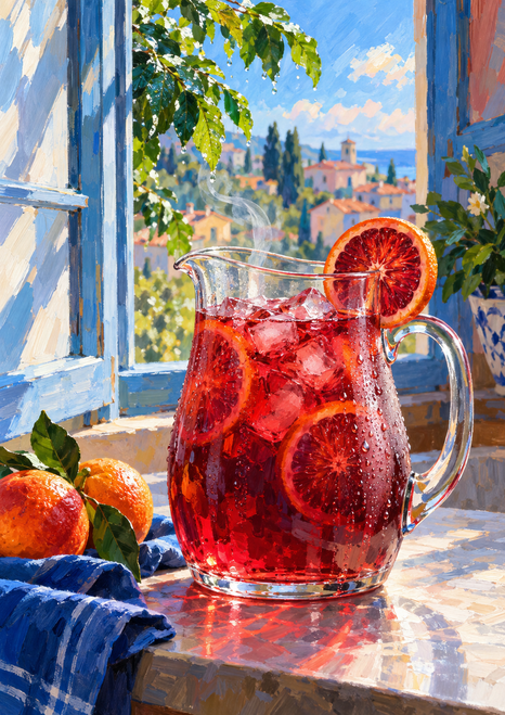 Glass pitcher of ruby-red iced tea with citrus slices and a blood-orange half on the rim, beside oranges and a blue cloth by an open window.
