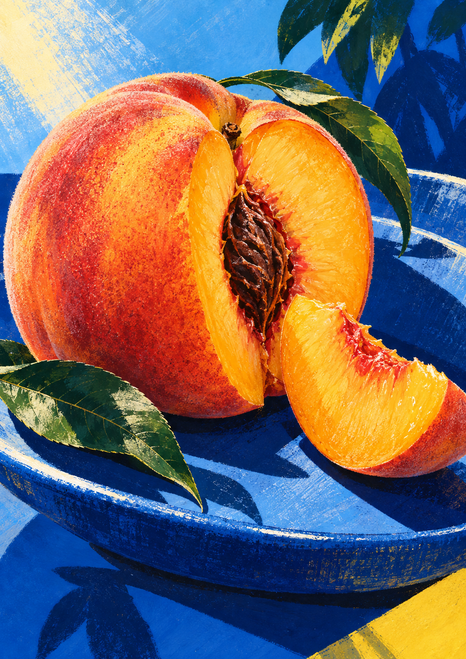 Oversized split peach with exposed dark pit and a separate wedge, surrounded by green leaves and a curved cobalt-blue dish.