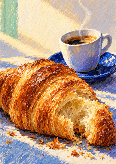 A golden croissant broken open to show its layered interior sits before a white espresso cup on a cobalt-blue saucer, with crumbs and faint steam.