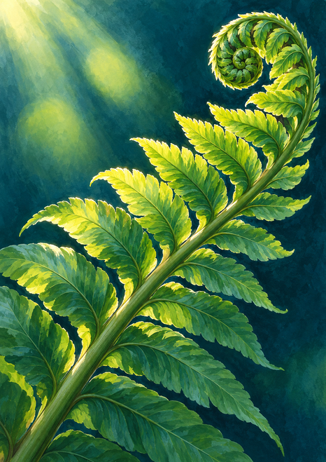 Large bright green fern frond with a curled tip sweeping diagonally across a deep teal background in warm light.