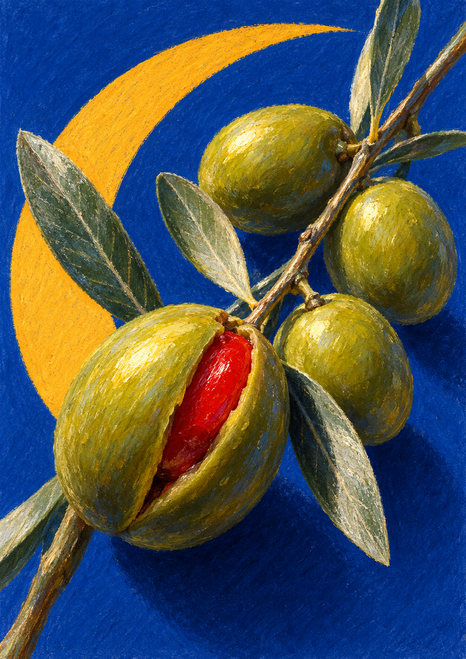 Split green olive with a red pimento-like center on a leafy branch against a blue background and saffron crescent.