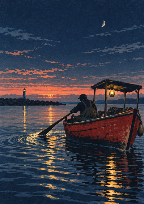 Red canopy skiff with a lone rower, glowing lantern and curved wake on a harbor beneath a crescent moon and distant lighthouse.