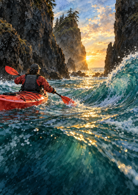 Rear-view kayaker in a red kayak on rough teal water between steep dark sea stacks, with a curling wave on the right and sunset ahead.