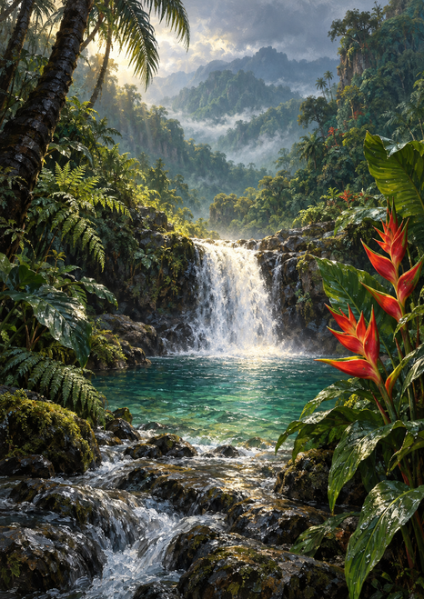 Waterfall descending over a rocky ledge into a green-blue pool in a tropical ravine, framed by ferns, palm trunk, leaves, and red flowers.