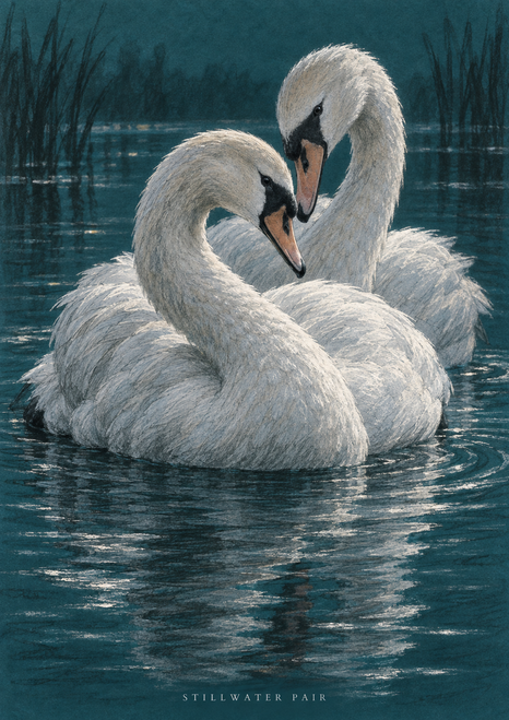 Two white swans rest close together on dark teal water among reeds and ripples, with small “STILLWATER PAIR” lettering below.