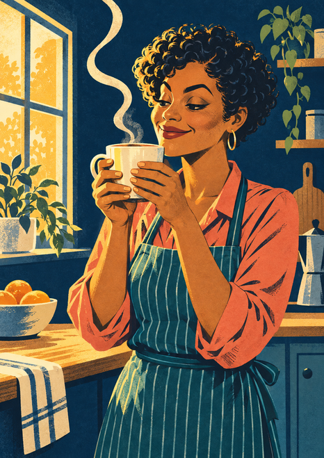 A smiling woman in a coral blouse and striped teal apron holds a steaming cup in a kitchen with a sunlit window and plants.