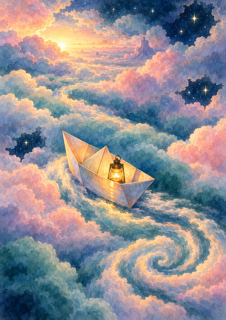 Small folded paper boat carrying a glowing amber lantern among rose, periwinkle, and blue-green clouds, with star-shaped openings in deep blue sky.