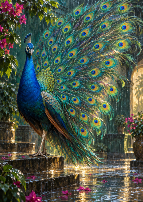 Peacock with its fan fully spread on a wet stone step in a rain-soaked courtyard with puddles and magenta flowers.