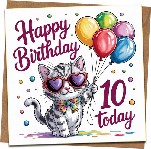 10th Birthday Card Girl Boy – Cute Cat with Balloons, Heart Sunglasses – Happy Birthday 10 Today – 145mm x 145mm Square Greeting Card with Kraft Envelope