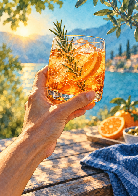 An adult hand holds a clear glass of sparkling orange drink with citrus slices and rosemary above a sunlit outdoor table.