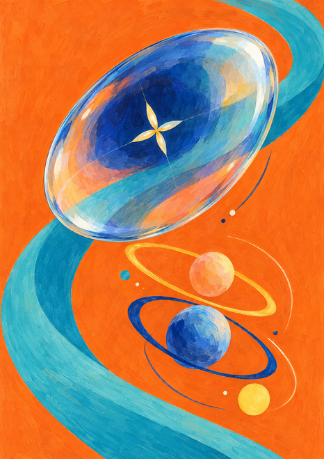 Tilted translucent blue oval enclosing a small four-point star above ringed spheres, with a turquoise ribbon sweeping across an orange background.