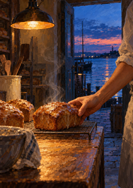 A baker’s hand sets a glazed loaf on a cooling rack inside a warmly lit bakery, with a harbor doorway and mast at dusk.