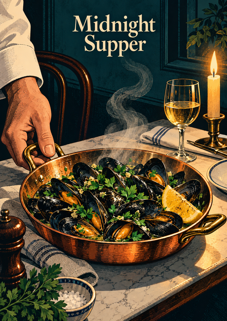 A white-cuffed hand holds a copper pan of mussels and herbs beside a candle, wine glass, and napkin, beneath the title “Midnight Supper.”