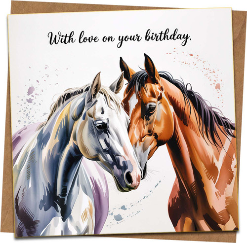 With Love on Your Birthday Horse Card – 145mm x 145mm Square Greeting Card with Kraft Envelope – Equestrian Design for Him or Her, Animal Lovers, Friends, Family