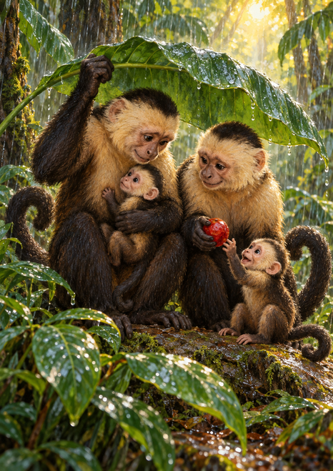 Two adult capuchin-like monkeys shelter with two infants beneath a broad leaf as rain falls in a green forest.