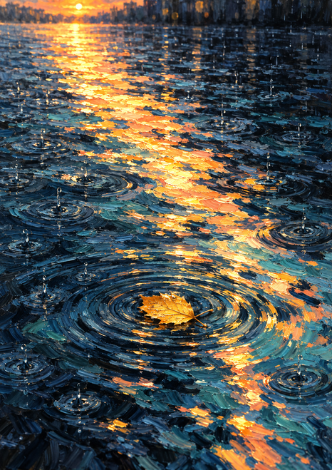 Gold-orange leaf floating near the lower center of dark blue rain-rippled water beneath a diagonal sunset reflection.