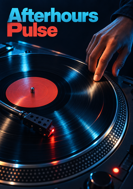 Hand touching a black vinyl record on a turntable, with a tonearm, red-lit cartridge, cyan reflections, and “Afterhours Pulse” text.