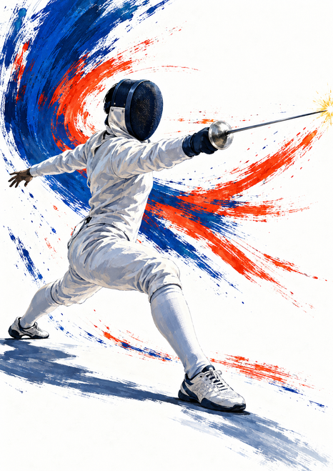 A masked adult fencer in white gear lunges with an extended foil as cobalt and vermilion paint arcs sweep behind.