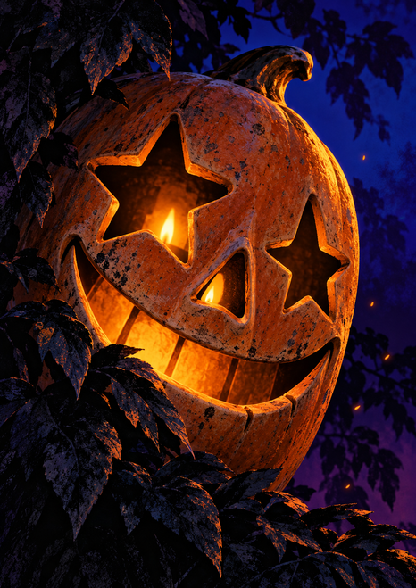 Glowing carved pumpkin mask with two star-shaped openings and a crescent grin, framed by dark leaves.
