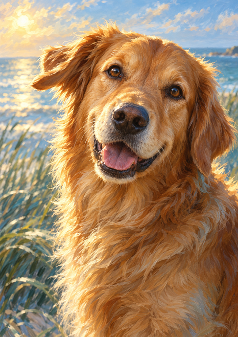 Golden retriever turning toward the viewer against softly blurred coastal grasses, sea and sky.