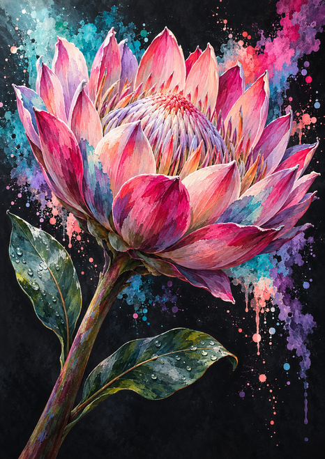 Large pink and coral protea-like flower with a curved stem and two glossy leaves against a charcoal background with colorful splashes.