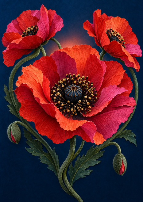 Three red, coral, and magenta poppies with dark seed heads, curling green stems, leaves, and two unopened buds against deep blue.