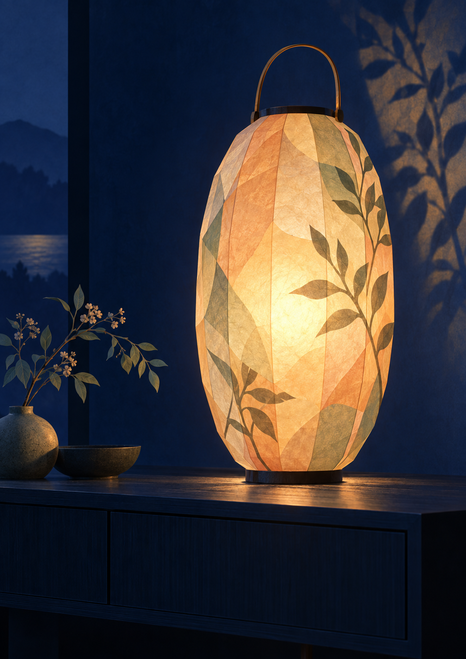 Faceted glowing paper lantern on a dark console in a blue room with plants and decorative objects.