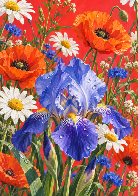Blue-violet iris with raindrops among orange poppies, white daisies and blue flowers against a coral-red background.