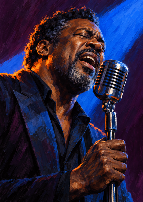 Close portrait of a dark-skinned blues singer with eyes closed beside a silver microphone against cobalt and plum lighting.