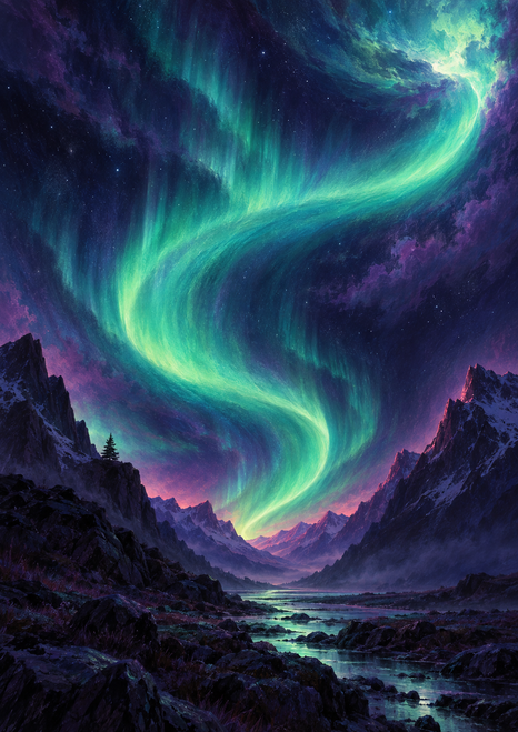Teal-green aurora twisting over a dark violet-blue mountain valley, with a small pine on the left ridge and water below.