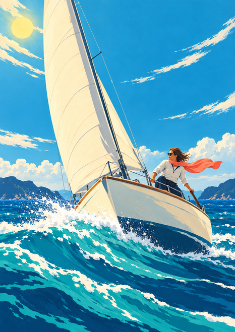 Cream sailboat with an adult sailor and streaming coral scarf crossing turquoise waves beneath a bright sky and distant headlands.