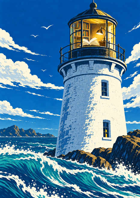 White lighthouse with books and a glowing open book in its lantern room above turquoise waves and dark rocks.