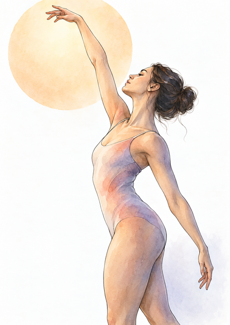 Adult woman in a dance outfit stretching one arm overhead in front of a pale apricot circle on a white background.