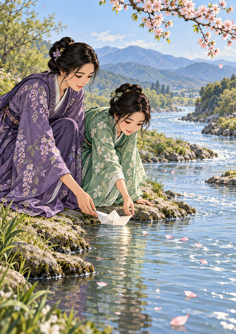 Two women in patterned violet and jade robes position a folded paper boat at a blossoming riverbank with hills beyond.