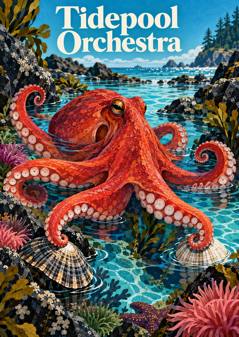A red-orange octopus with curling sucker-lined arms fills a rocky tidepool among shells and sea plants beneath the words “Tidepool Orchestra.”