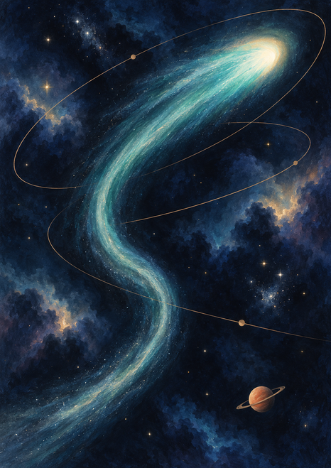 A bright turquoise-white comet curves across an indigo starry sky, crossing copper-gold orbital ellipses near a small ringed planet.