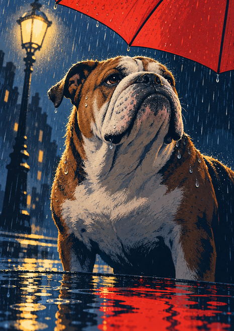 English bulldog standing in rain beneath a red umbrella, with a glowing streetlamp and reflective pavement.