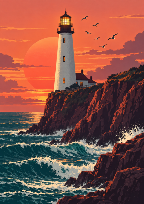 White lighthouse with a glowing lantern on red-brown cliffs above teal waves, framed by seabirds and a coral sunset.