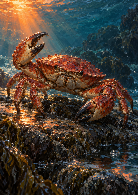 Red-brown crab with prominent pincers on a wet dark reef beneath warm underwater light rays.