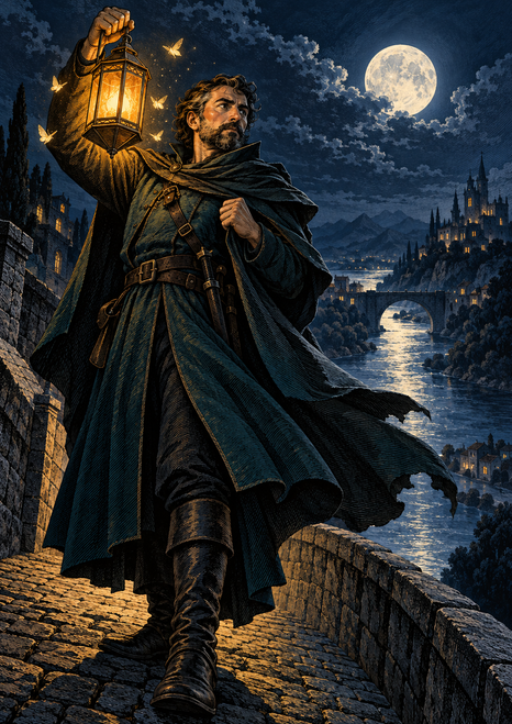 A bearded man in a dark teal coat raises an amber lantern on a stone bridge above a river, with a moon, distant buildings, and glowing moth-like shapes.