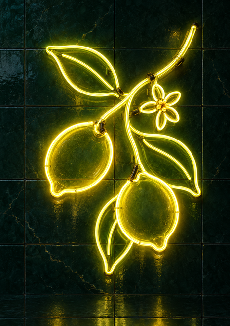 Chartreuse neon-style glass tubing forms two lemons, leaves, a branching stem, and a small blossom against dark tiled wall.