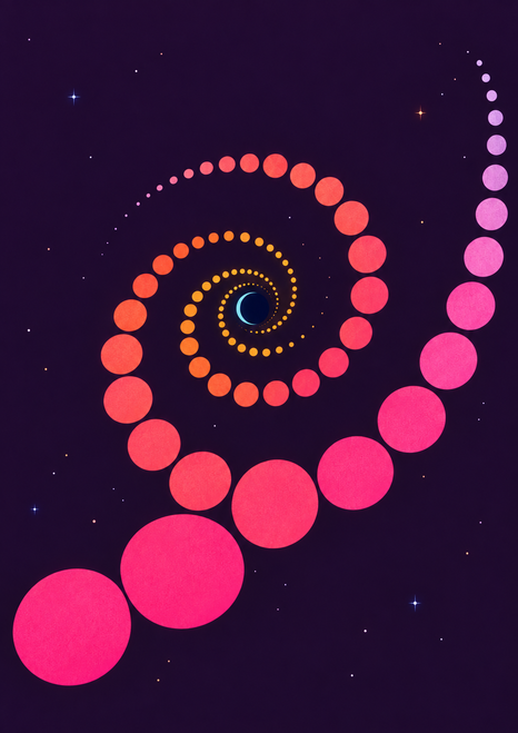Colorful spiral of coral, pink, saffron and lilac circles around an indigo center on a dark plum background, with a turquoise crescent and tiny points.