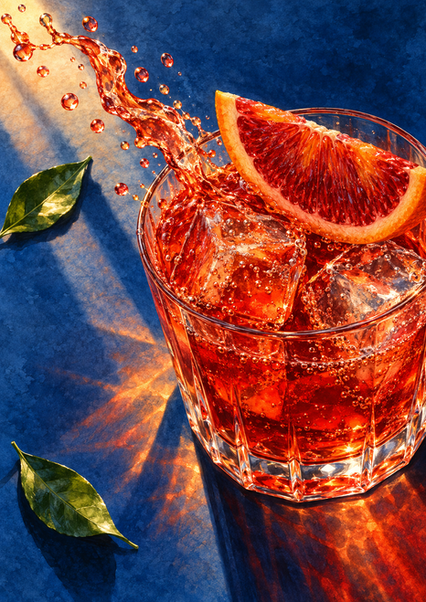 Faceted glass of ruby-orange fizzy drink with ice and an orange wedge, framed by a sweeping splash and green leaves on blue.