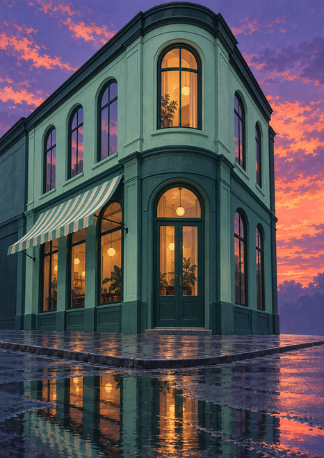 Curved mint-green corner building with arched windows and a striped awning glowing above wet pavement at dusk.